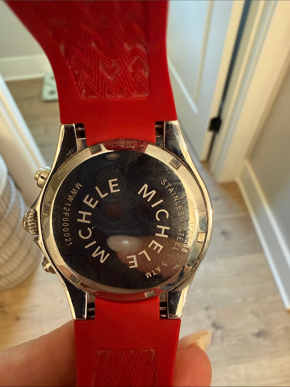 Michele Red Silicone Strap Watch with Polished Stainless Back - Picture 2 of 4
